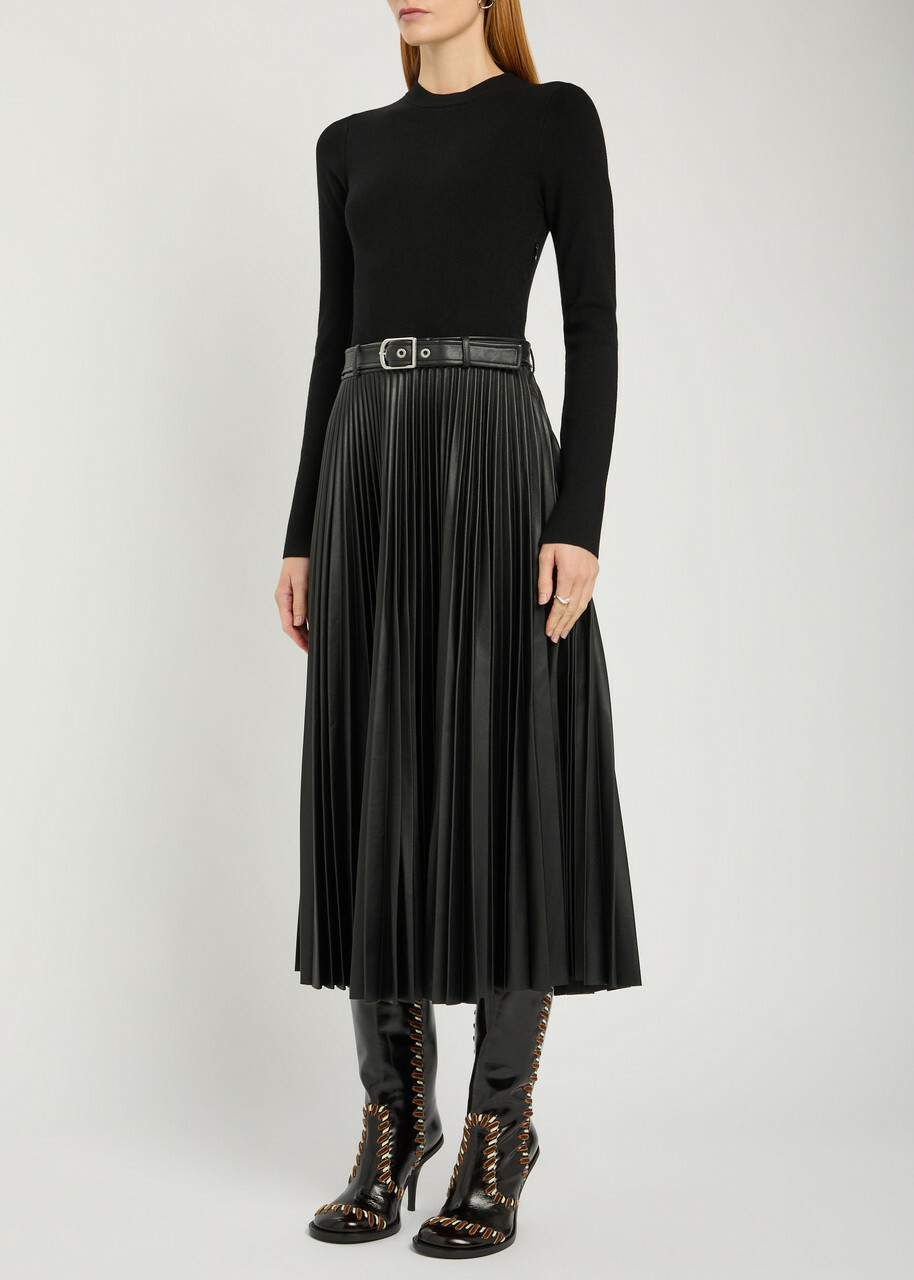 Simkhai Abilene Belted Knit and Faux Leather Midi Dress Black