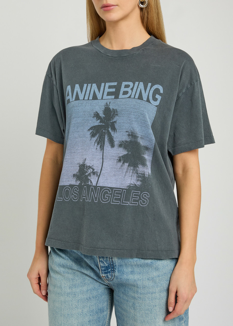 Anine Bing Palms Printed Cotton T-shirt Grey