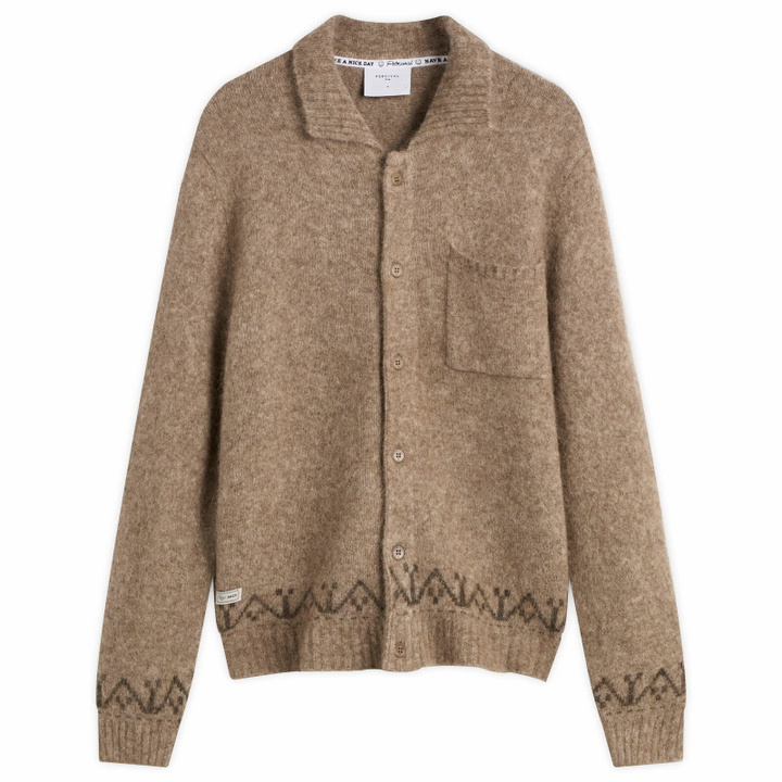 Photo: Percival Men's Novel Collared Wool Cardigan in Oak