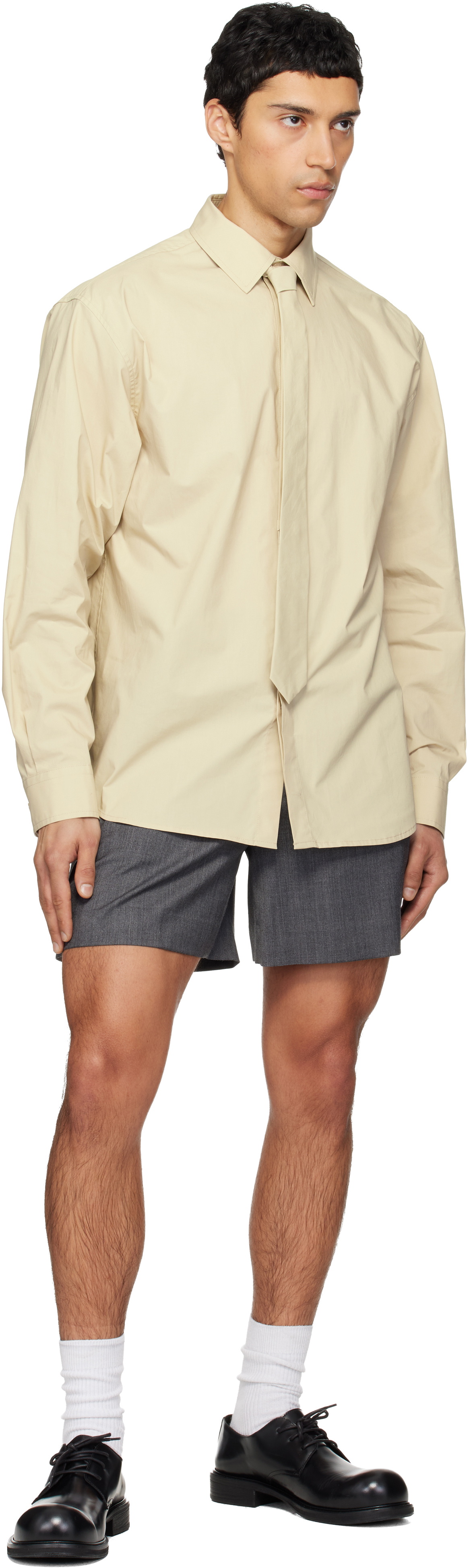 We11done Beige Solid Tie Shirt