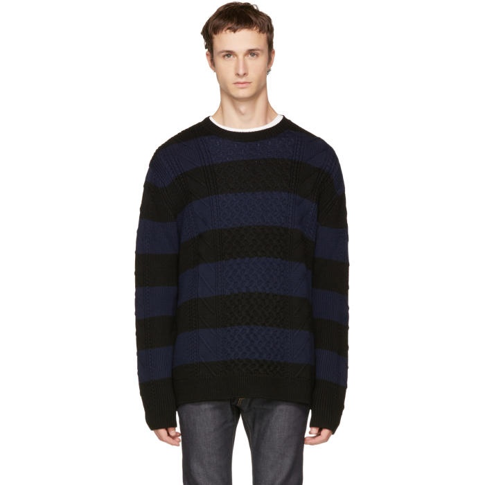 Photo: McQ Alexander McQueen Black and Navy Striped Cable Crewneck Sweater