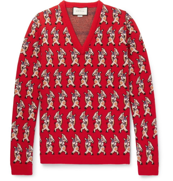 Photo: Gucci - Dancing Pig-Intarsia Wool Sweater - Men - Red