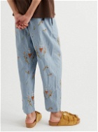 KAPITAL - Wide-Leg Embroidered Cotton-Chambray Drawstring Trousers - Blue