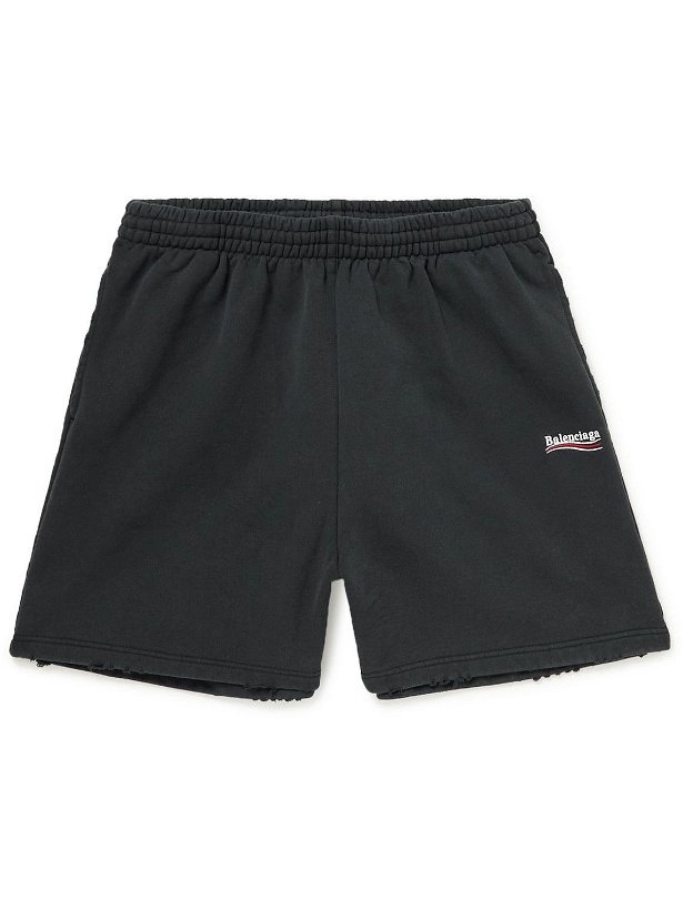 Photo: Balenciaga - Wide-Leg Logo-Embroidered Distressed Cotton-Jersey Shorts - Black