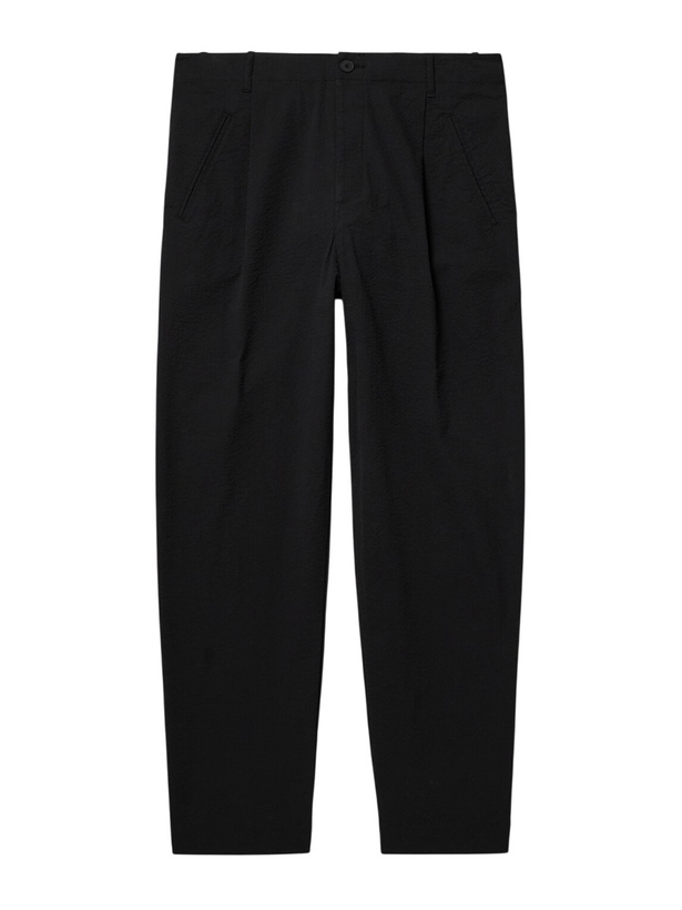 Photo: Folk - Assembly Straight-Leg Pleated Cotton-Blend Seersucker Trousers - Black