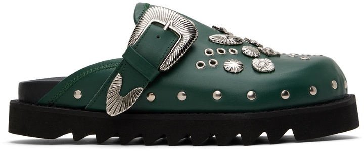 Photo: Toga Virilis SSENSE Exclusive Green Eyelet Metal Sabot Loafers