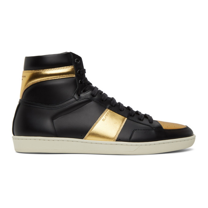 Photo: Saint Laurent Black and Gold Court Classic SL/10H High-Top Sneakers