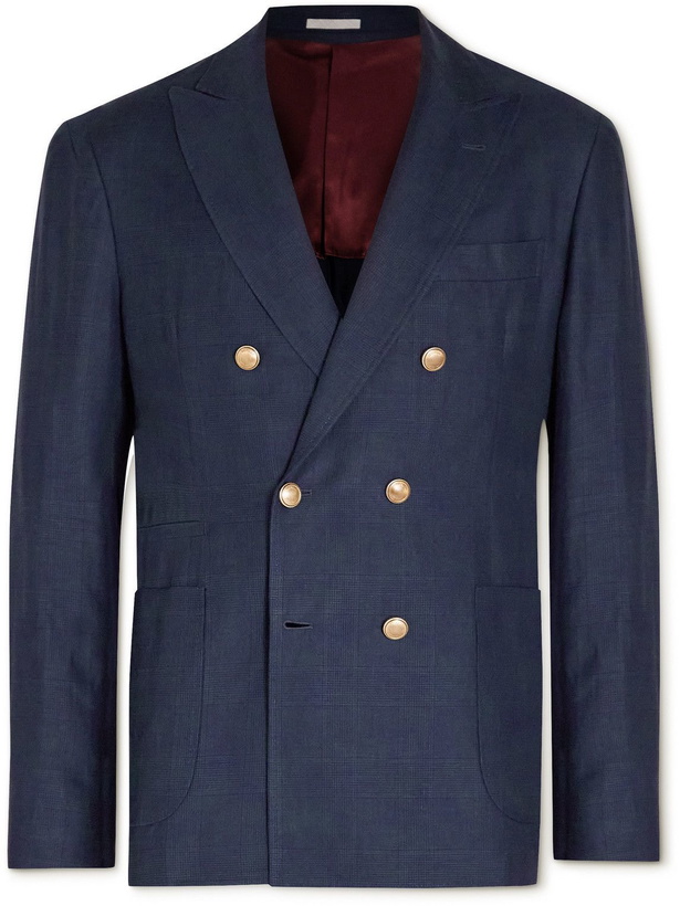 Photo: Brunello Cucinelli - Slim-Fit Double-Breasted Checked Wool, Linen and Silk-Blend Blazer - Blue