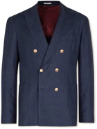 Brunello Cucinelli - Slim-Fit Double-Breasted Checked Wool, Linen and Silk-Blend Blazer - Blue