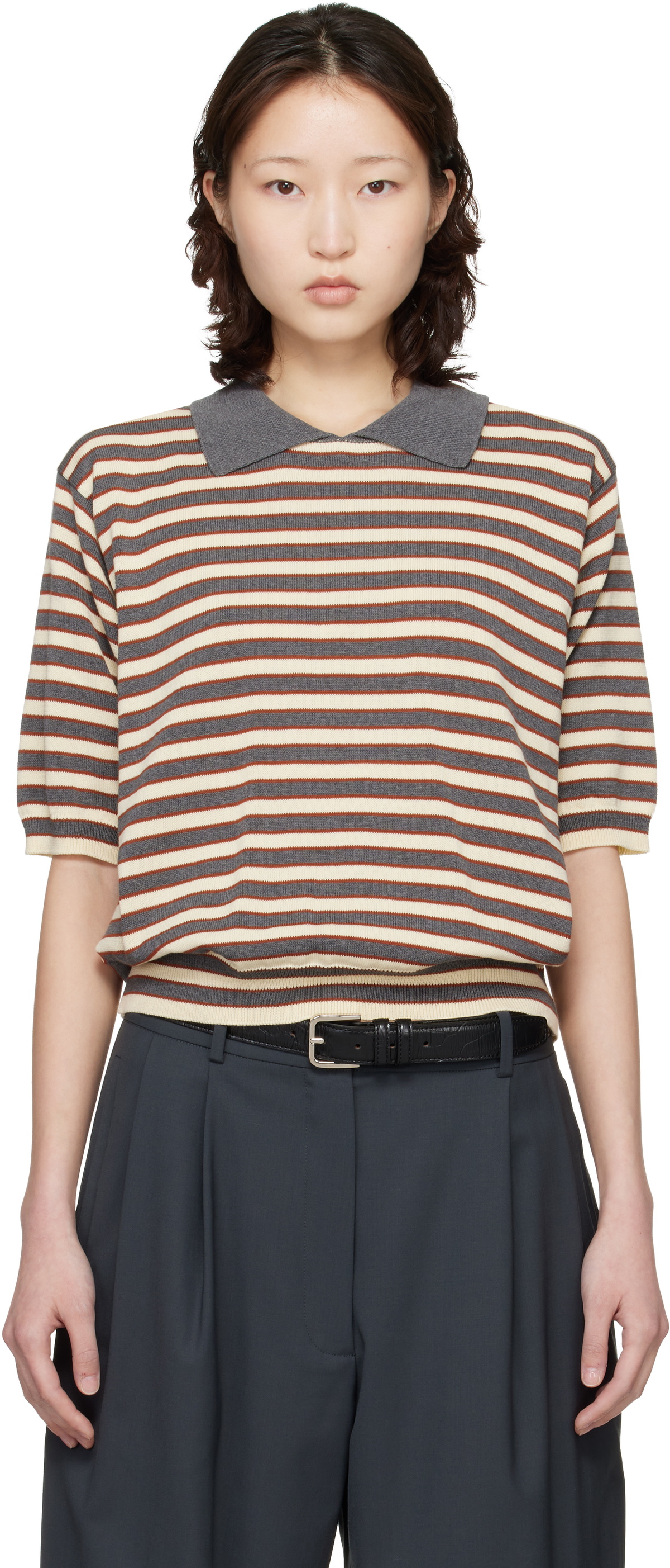 Cordera Gray & Off-White Organic Cotton Striped Polo