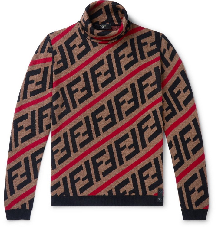 Photo: Fendi - Logo-Jacquard Wool Rollneck Sweater - Brown