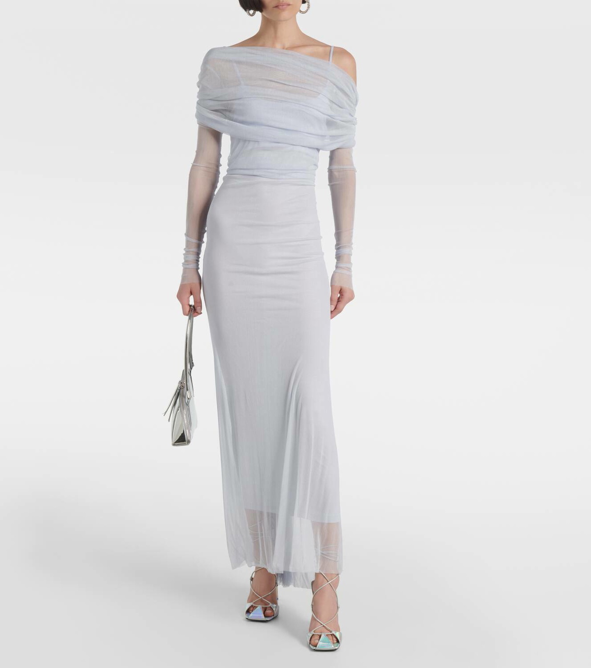 christopher esber off the shoulder dresses Christopher Esber Sonora Veiled Ruched Dress