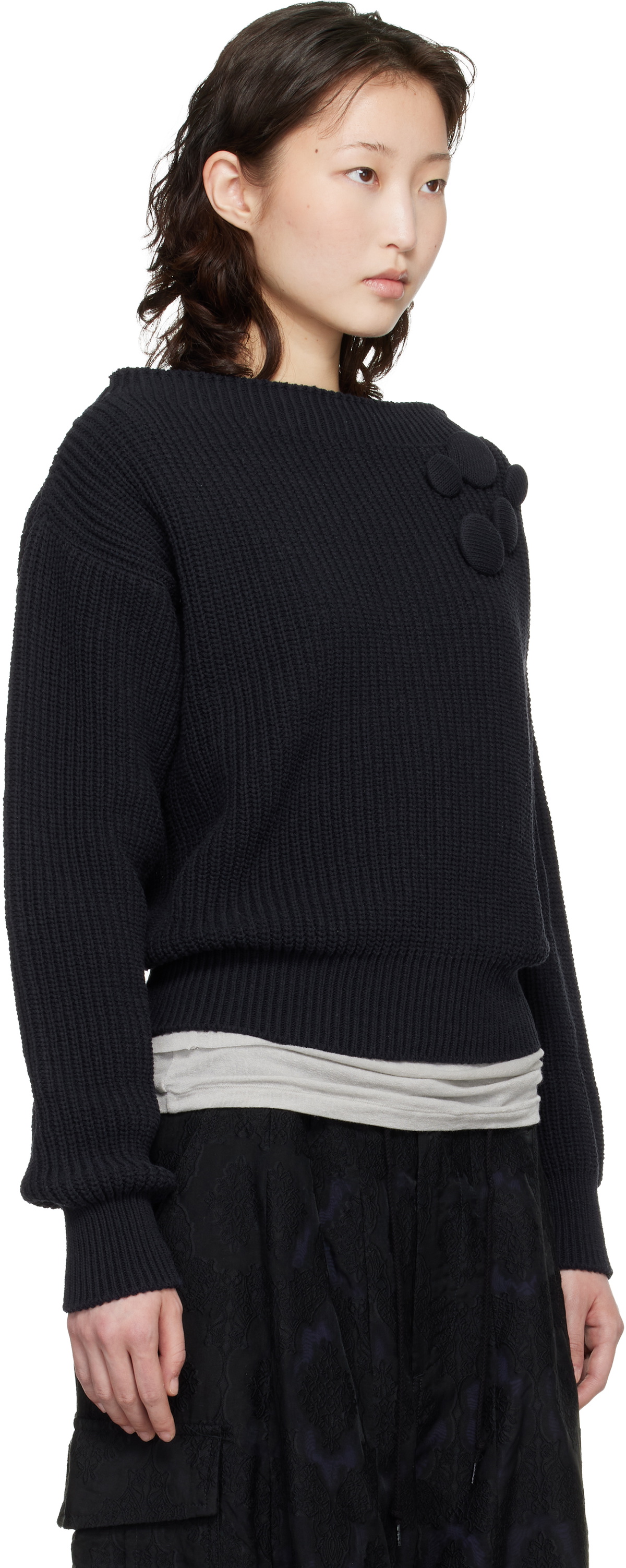 OPEN YY Navy Badge Applique Knit Pullover Sweater