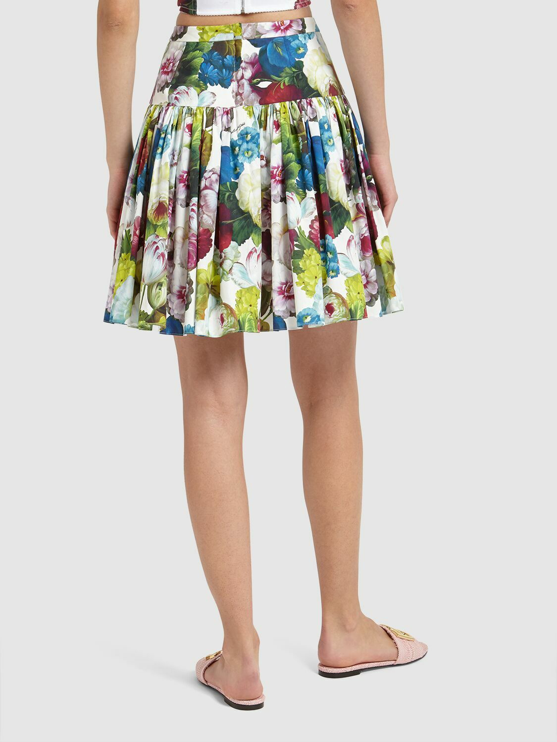 Printed pleated cotton miniskirt