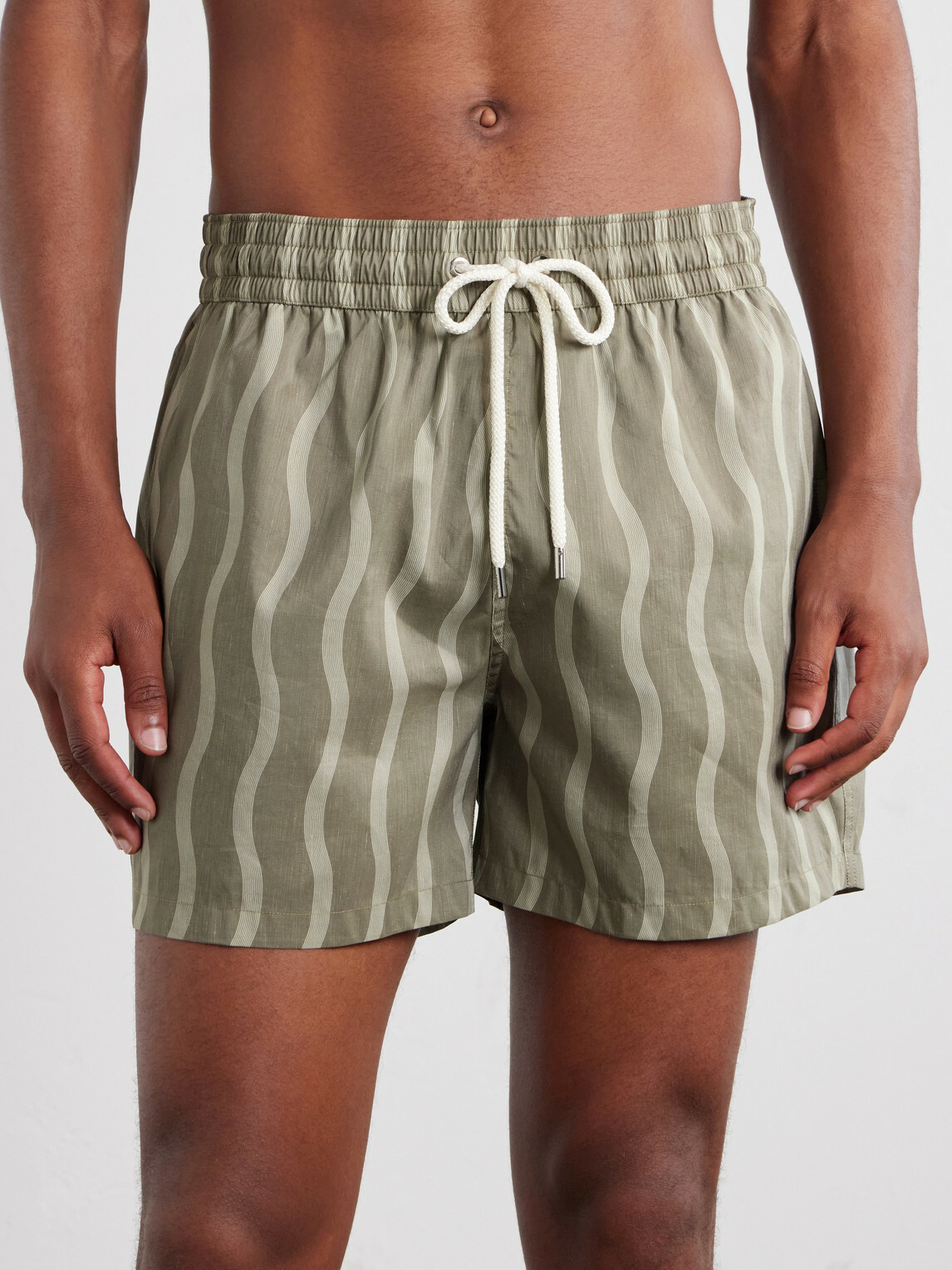 Frescobol Carioca - Rio Linen Blend Cabana Wave -Print Swim Short - Green