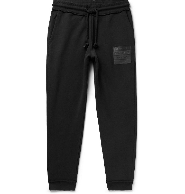 Photo: Maison Margiela - Tapered Leather-Appliquéd Organic Loopback Cotton-Jersey Drawstring Sweatpants - Black