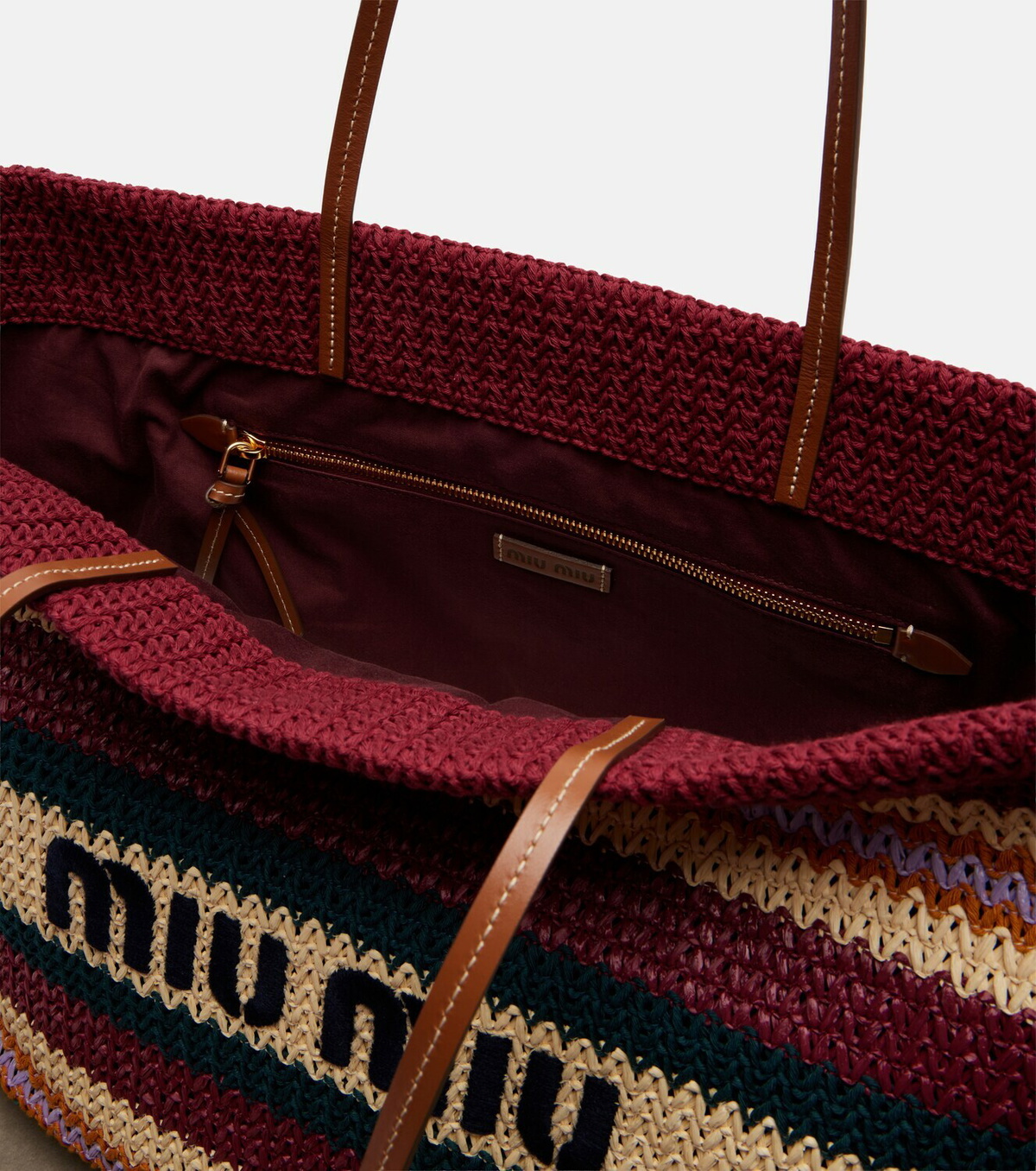 Miu Miu Striped woven raffia-effect tote bag