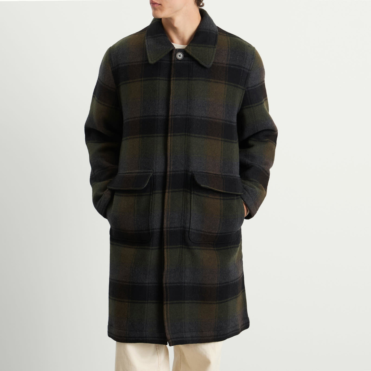 Universal Works Men's Berlin Wool Check Account Coat in Black/Brown
