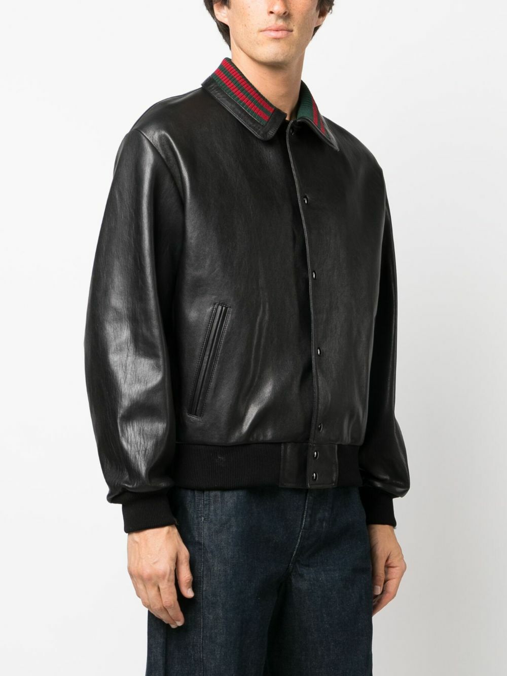 Gucci Black Web-Detail Leather Jacket Gucci