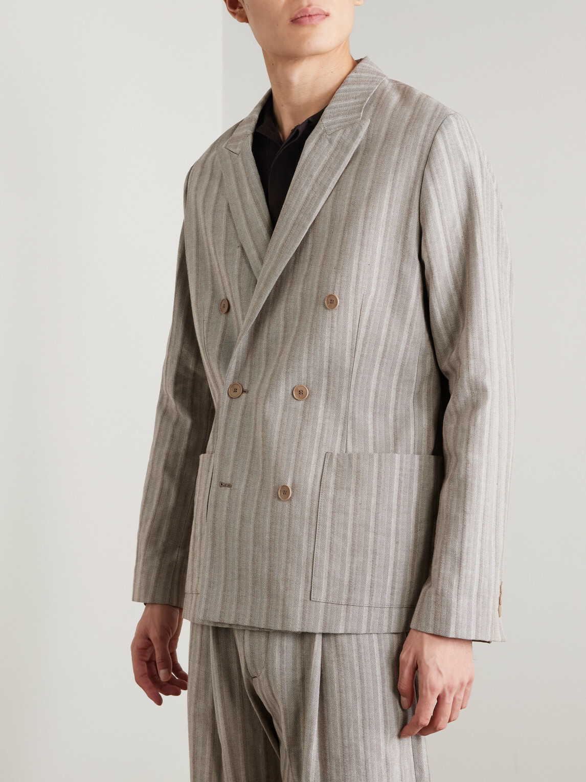 NN07 - Jordin 10058 Double-Breasted Striped Cotton-Blend Herringbone Blazer - Brown