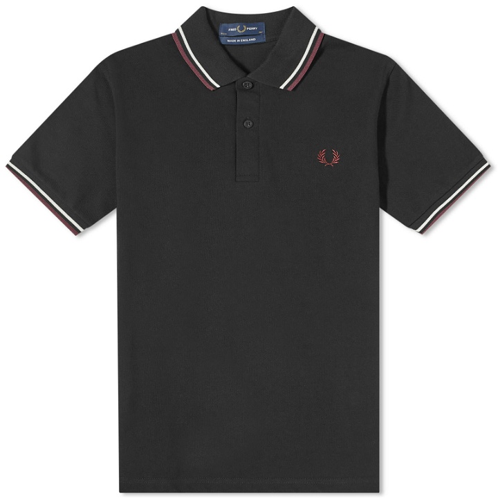 Photo: Fred Perry Men's Twin Tipped Polo Shirt - Made in England in Black/Ecru/Oxblood