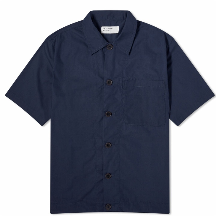 Photo: Universal Works Men's Recycled Poly Short Sleeve Shirt in Navy