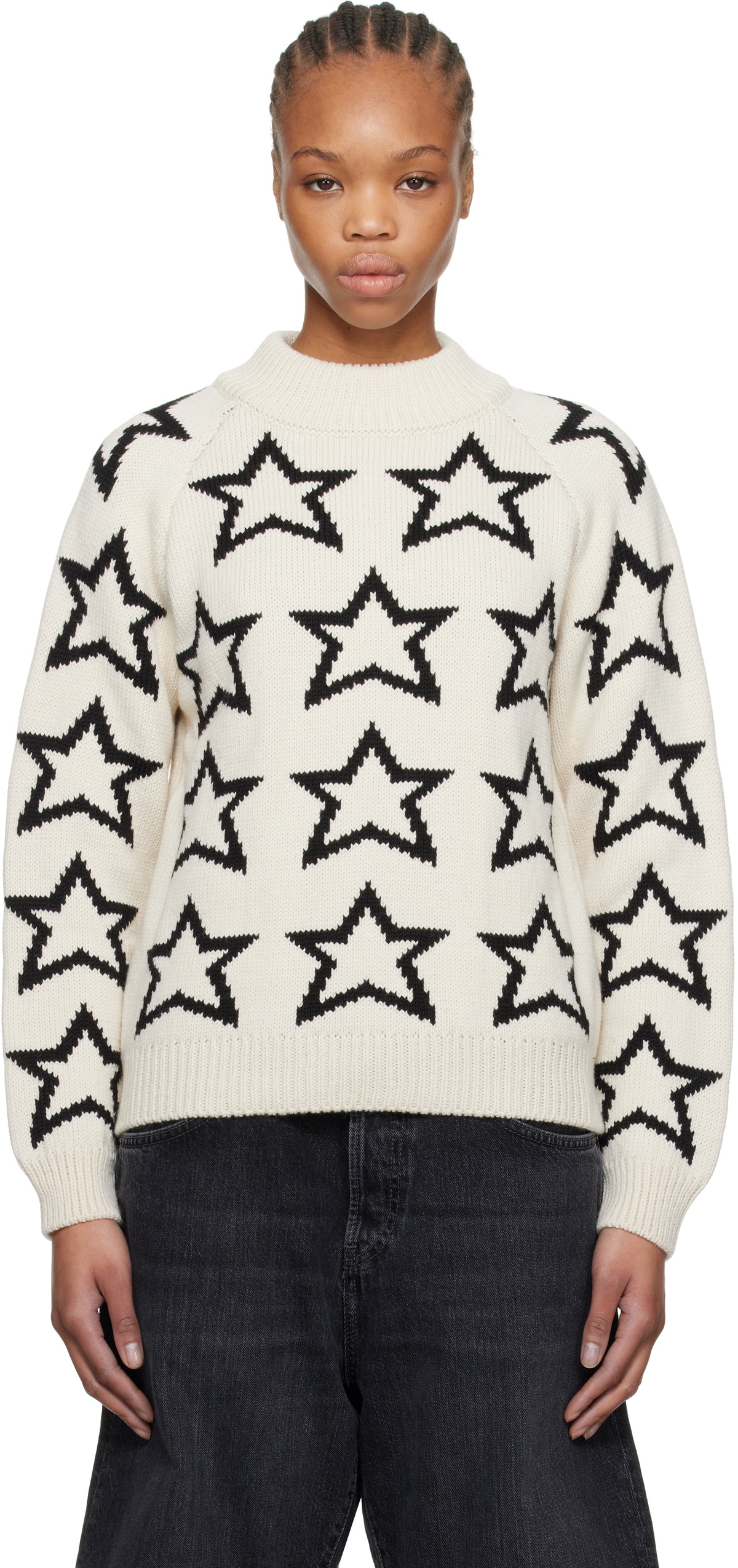 Re/Done Beige & Black Mock Neck Star Sweater