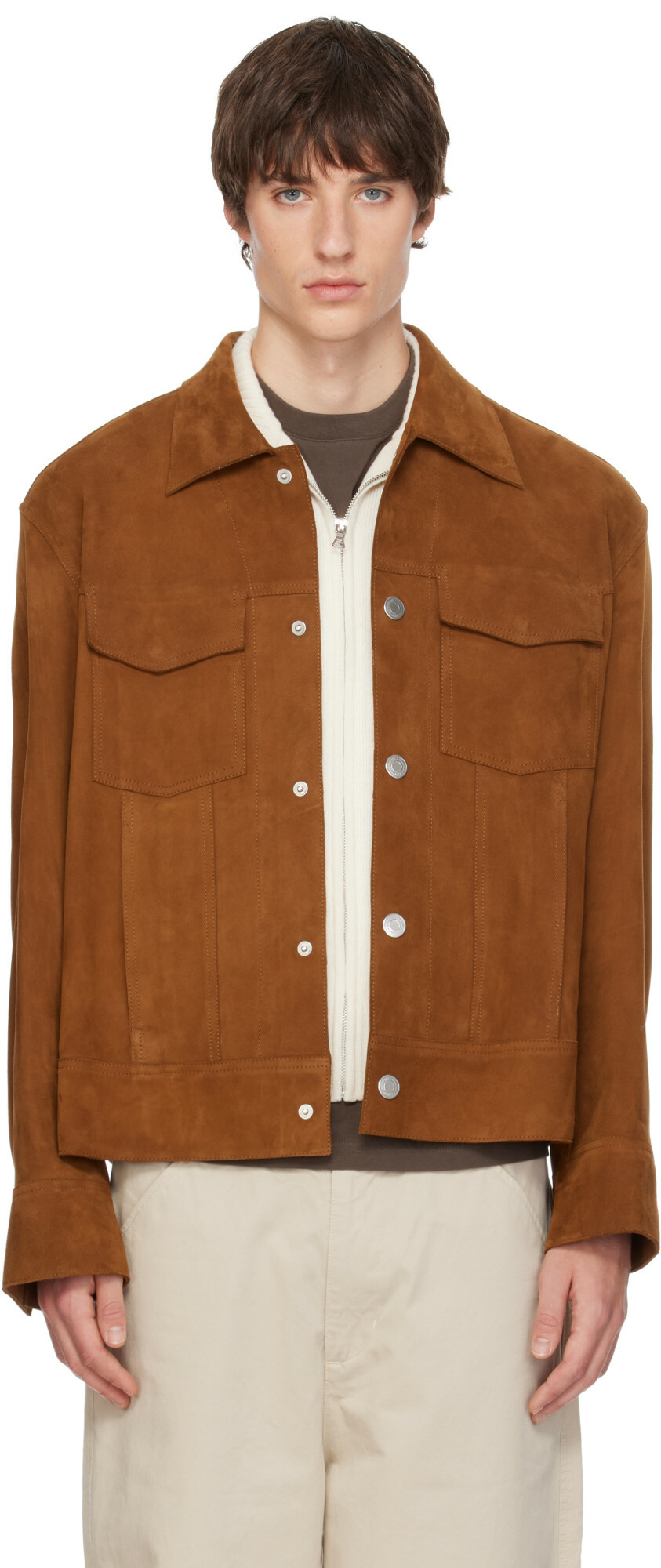 AMI Paris Tan Leather Trucker Jacket