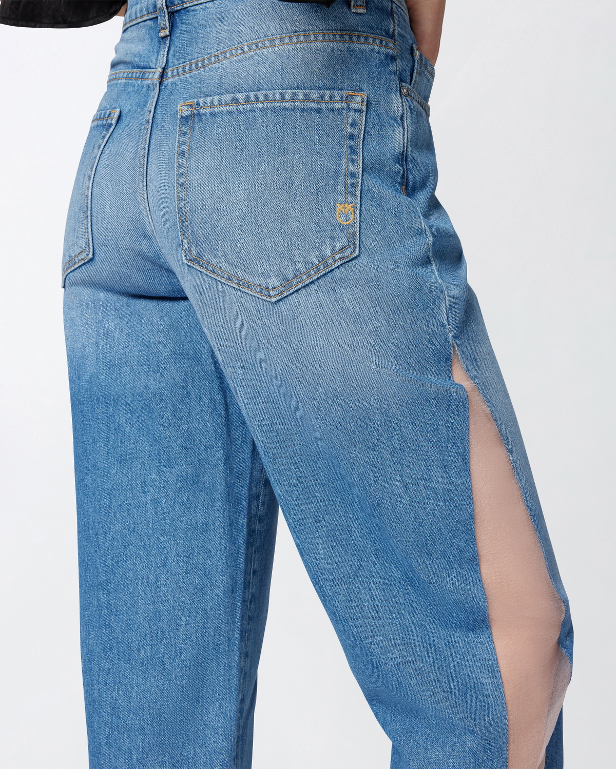 Pinko Mom Fit Jeans With Sheer Organza Inserts Light Vintage Wash