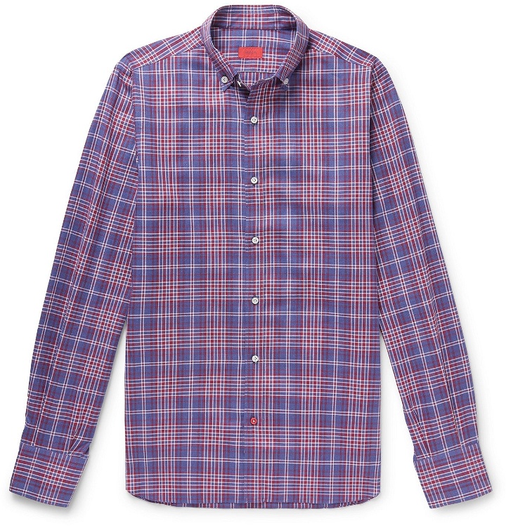 Photo: Isaia - Slim-Fit Button-Down Collar Checked Cotton Shirt - Blue