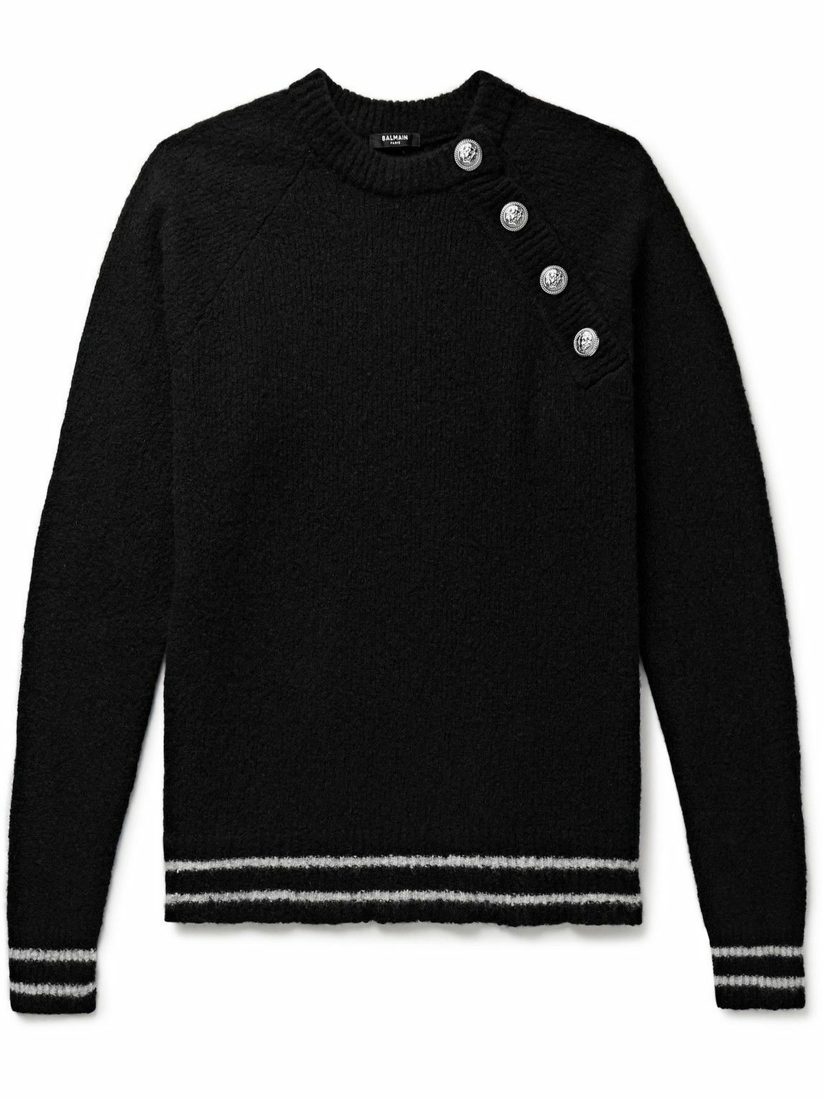 Balmain - Button-Embellished Striped Wool-Blend Sweater - Black Balmain