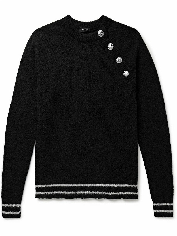 Photo: Balmain - Button-Embellished Striped Wool-Blend Sweater - Black