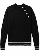 Balmain - Button-Embellished Striped Wool-Blend Sweater - Black