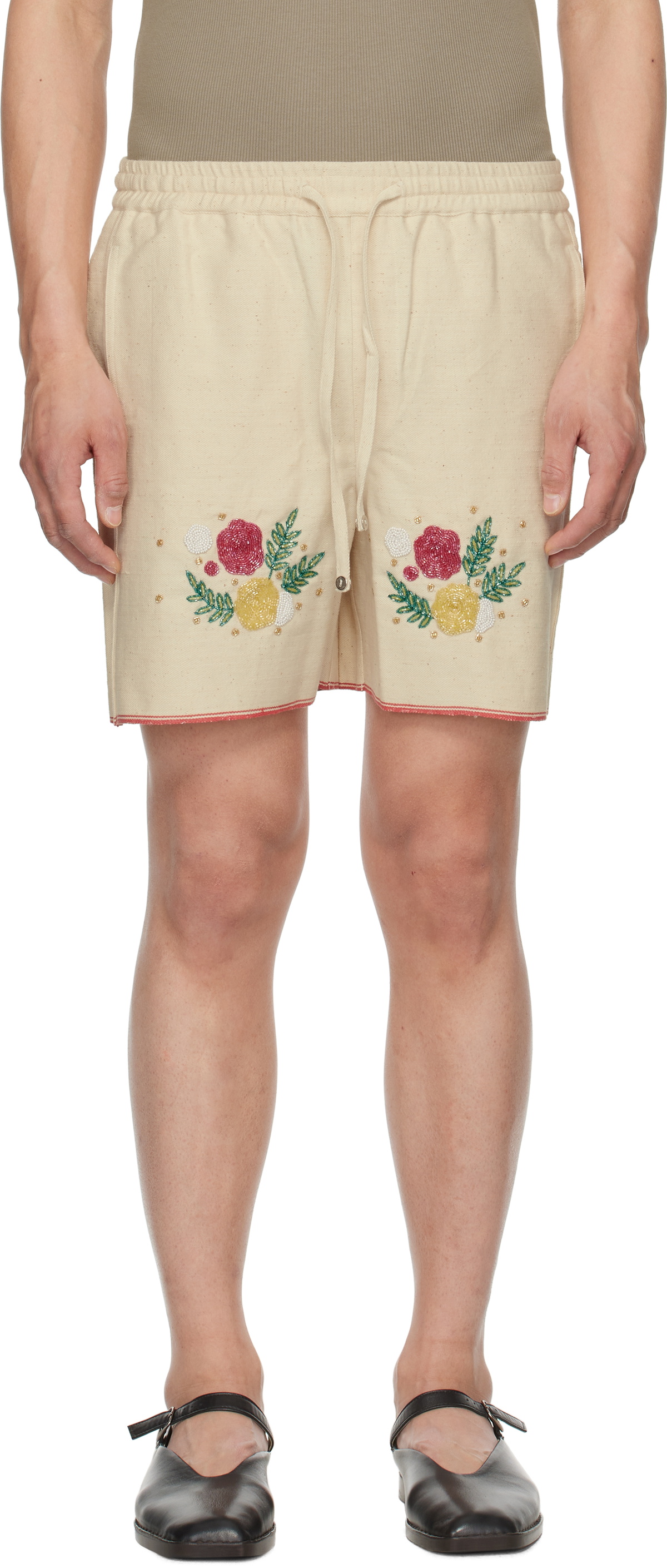 HARAGO Off-White Beadwork Floral Shorts