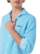 MC2 Saint Barth Man Turquoise Striped Linen Shirt Pamplona