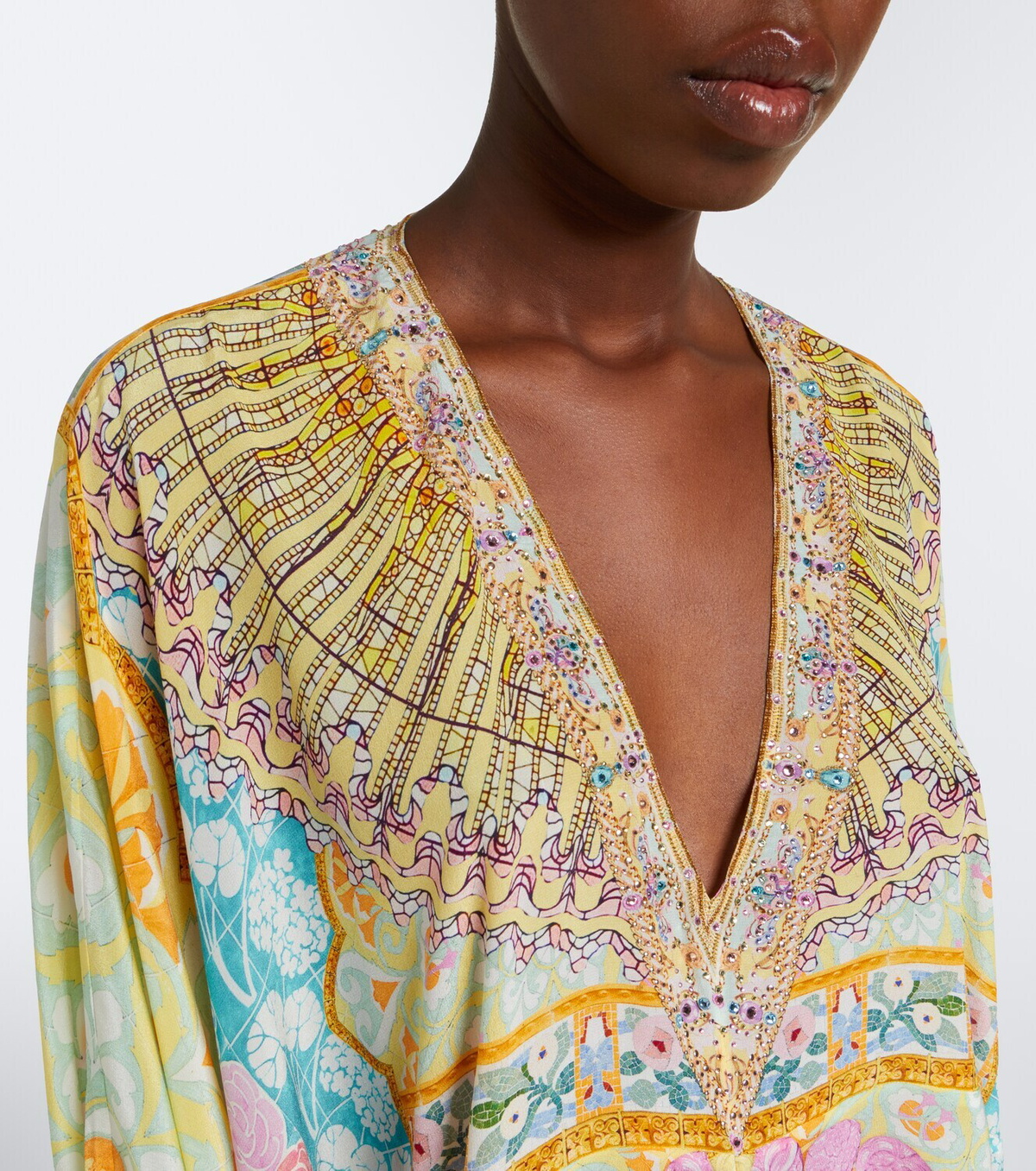 Camilla Floral embellished draped silk kaftan