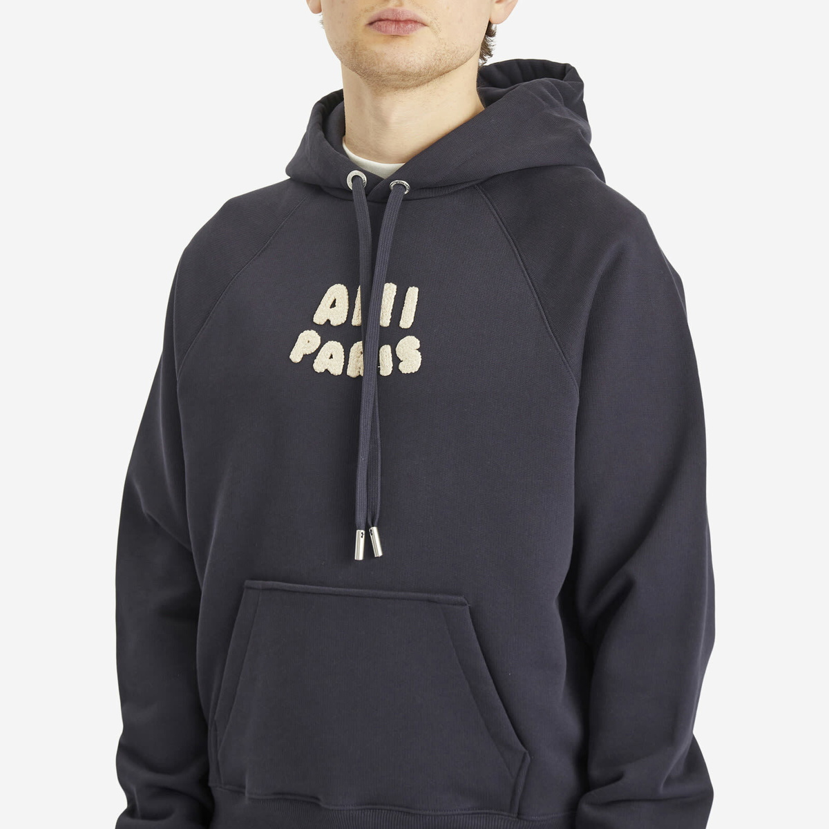 AMI Paris Men's Woven Ami Logo Jersey Hoodie in Navy Blue AMI