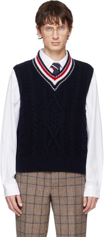 Photo: Thom Browne Navy Aran Cable Stitch Merino Wool Vest