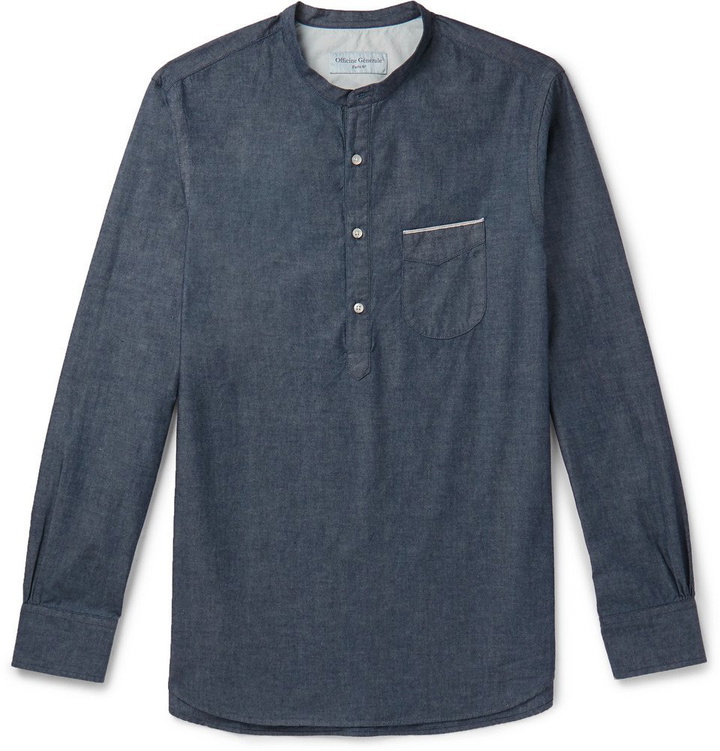 Photo: Officine Generale - Grandad-Collar Selvedge Cotton-Chambray Half-Placket Shirt - Men - Blue