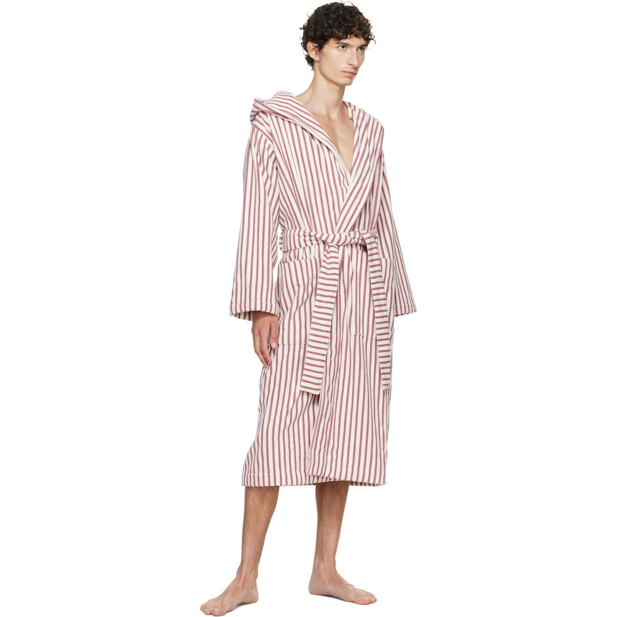 Tekla Pink & Off-White Terry Hooded Bathrobe