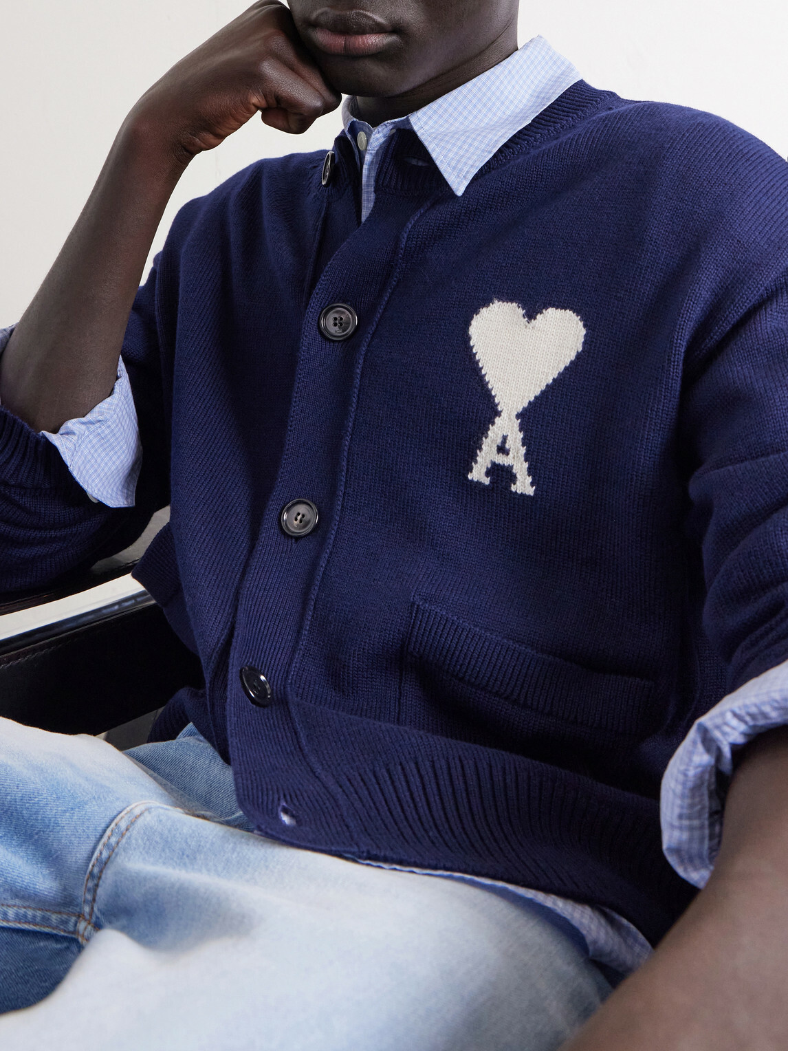 AMI PARIS - Logo-Intarsia Virgin Wool and Cotton-Blend Cardigan