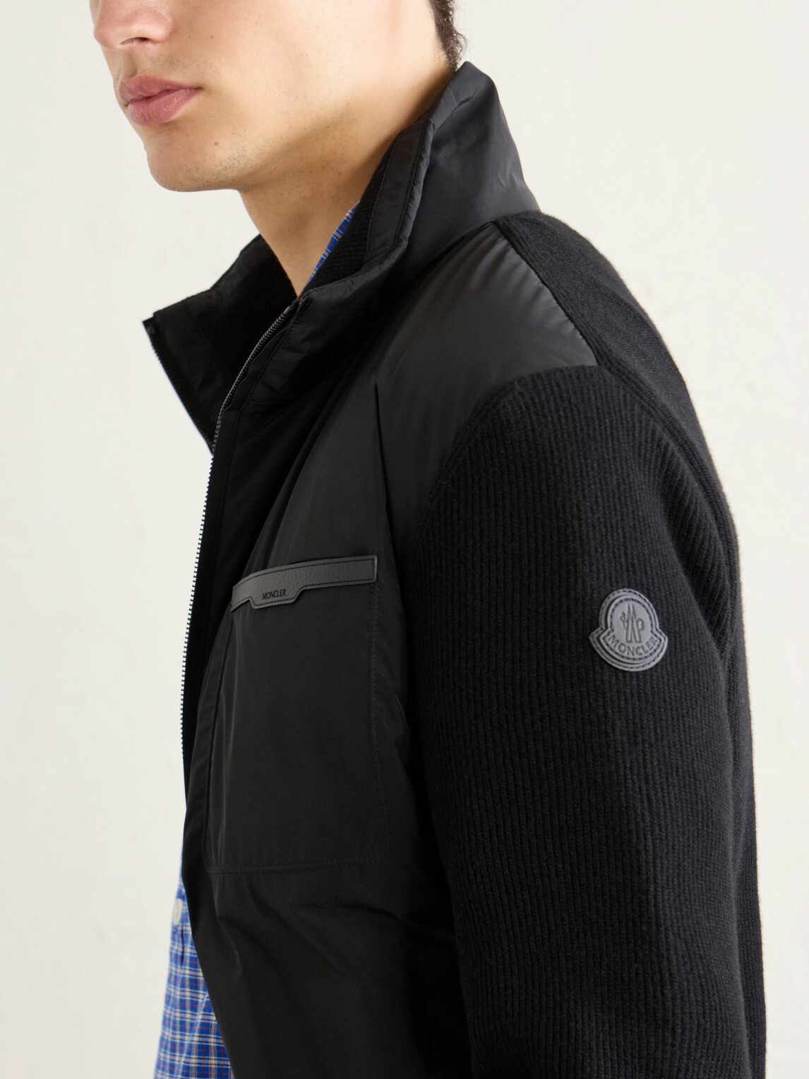 Moncler - Leather-Trimmed Shell and Wool-Blend Full-Zip Cardigan - Black
