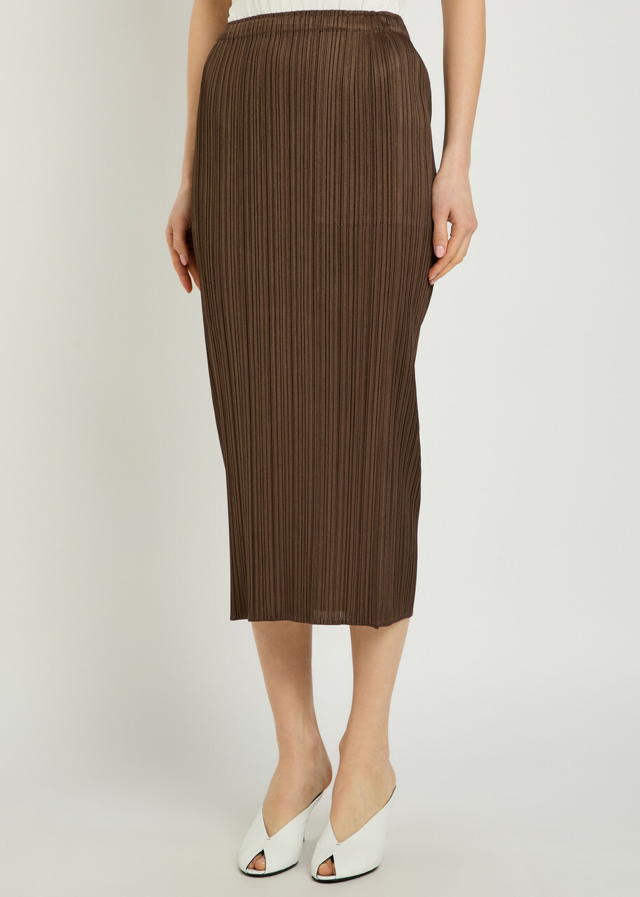 Pleats Please Issey Miyake Pleated Woven Midi Skirt Brown