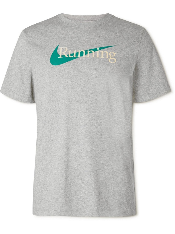 Photo: NIKE RUNNING - Logo-Print Mélange Dri-FIT Jersey T-Shirt - Gray