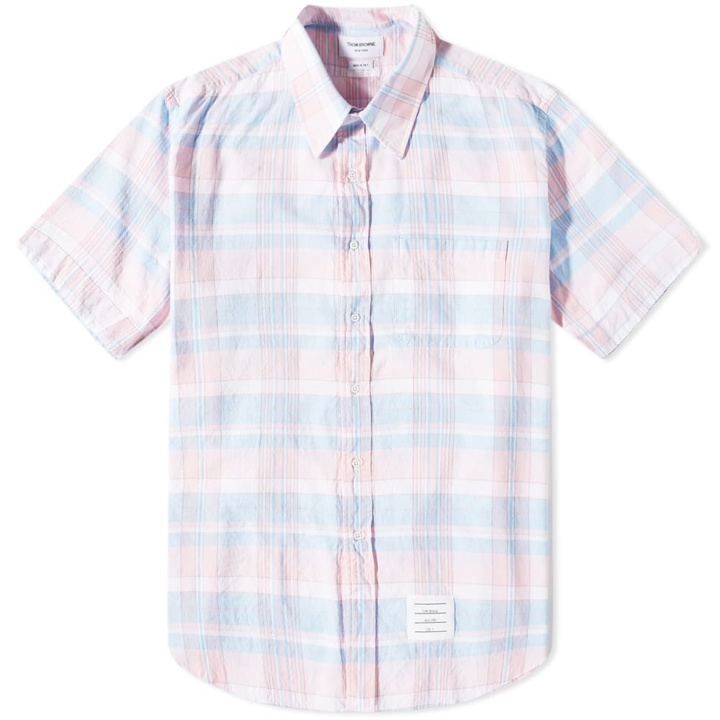 Photo: Thom Browne Men's Short Sleeve Button Down Madras Check Shirt in Light Pink