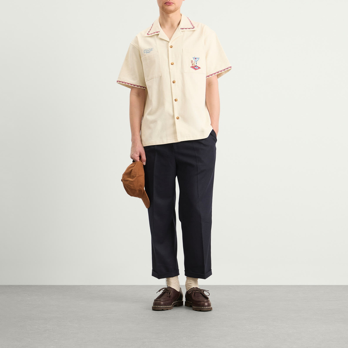 Drôle de Monsieur Men's Cotton Cocktail Open Collar Shirt in Off White