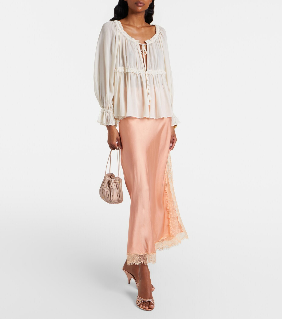 Poupette St Barth Lace-trimmed satin midi skirt