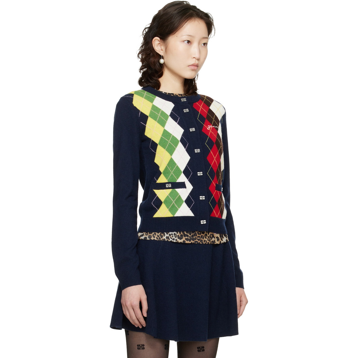 GANNI Navy Argyle Print Cardigan
