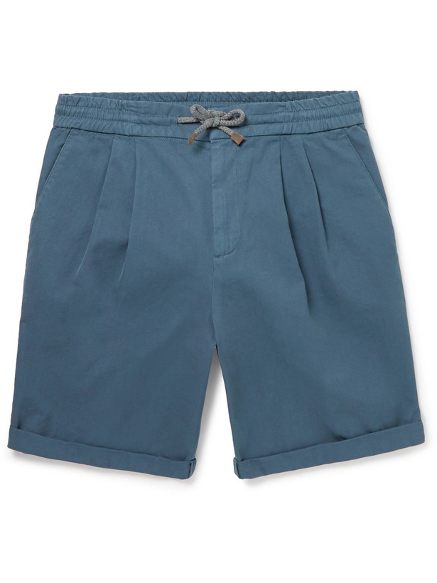 Photo: Brunello Cucinelli - Straight-Leg Pleated Cotton-Twill Drawstring Bermuda Shorts - Blue