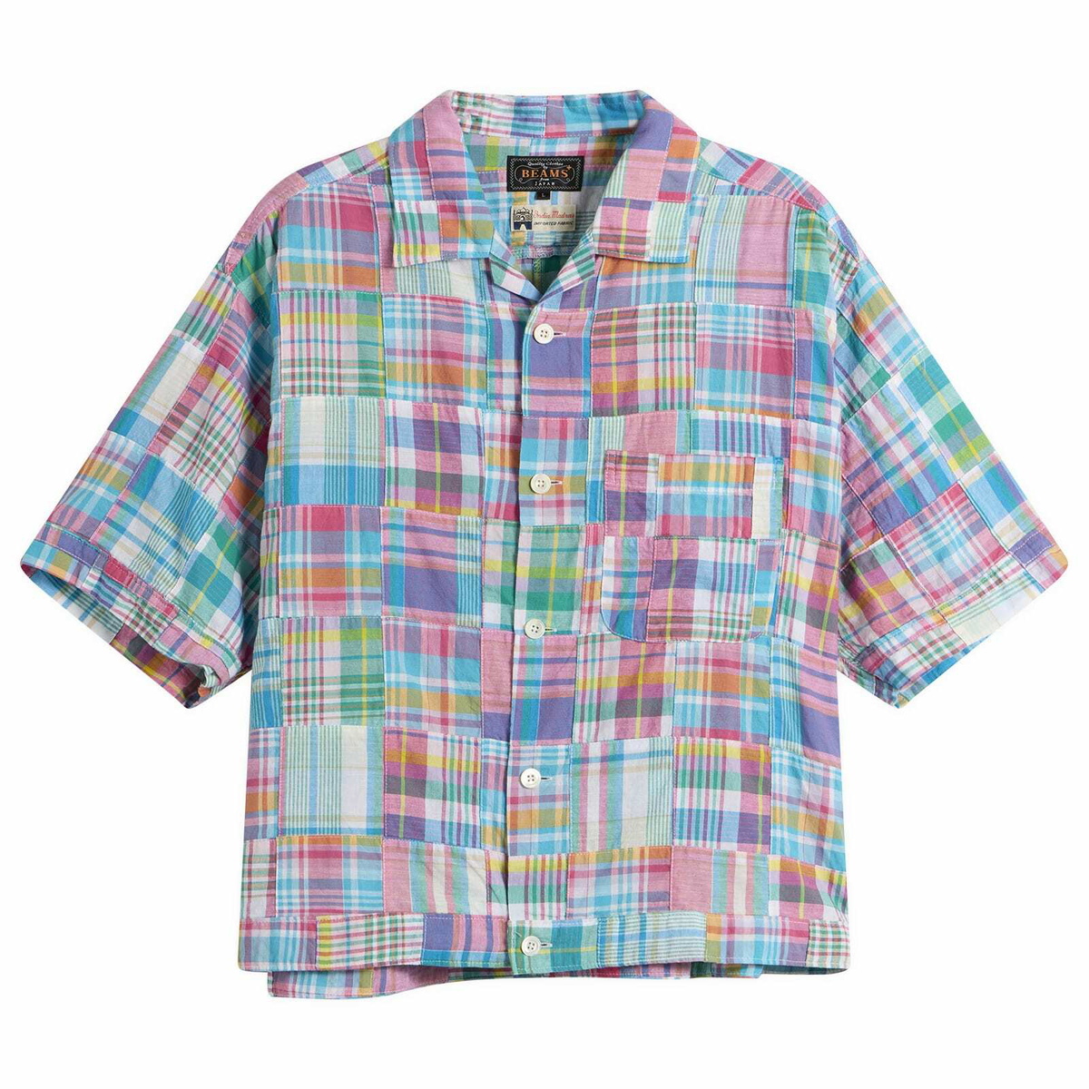 Beams Plus Men's Patchwork Madras Cabana Shirt in Pink